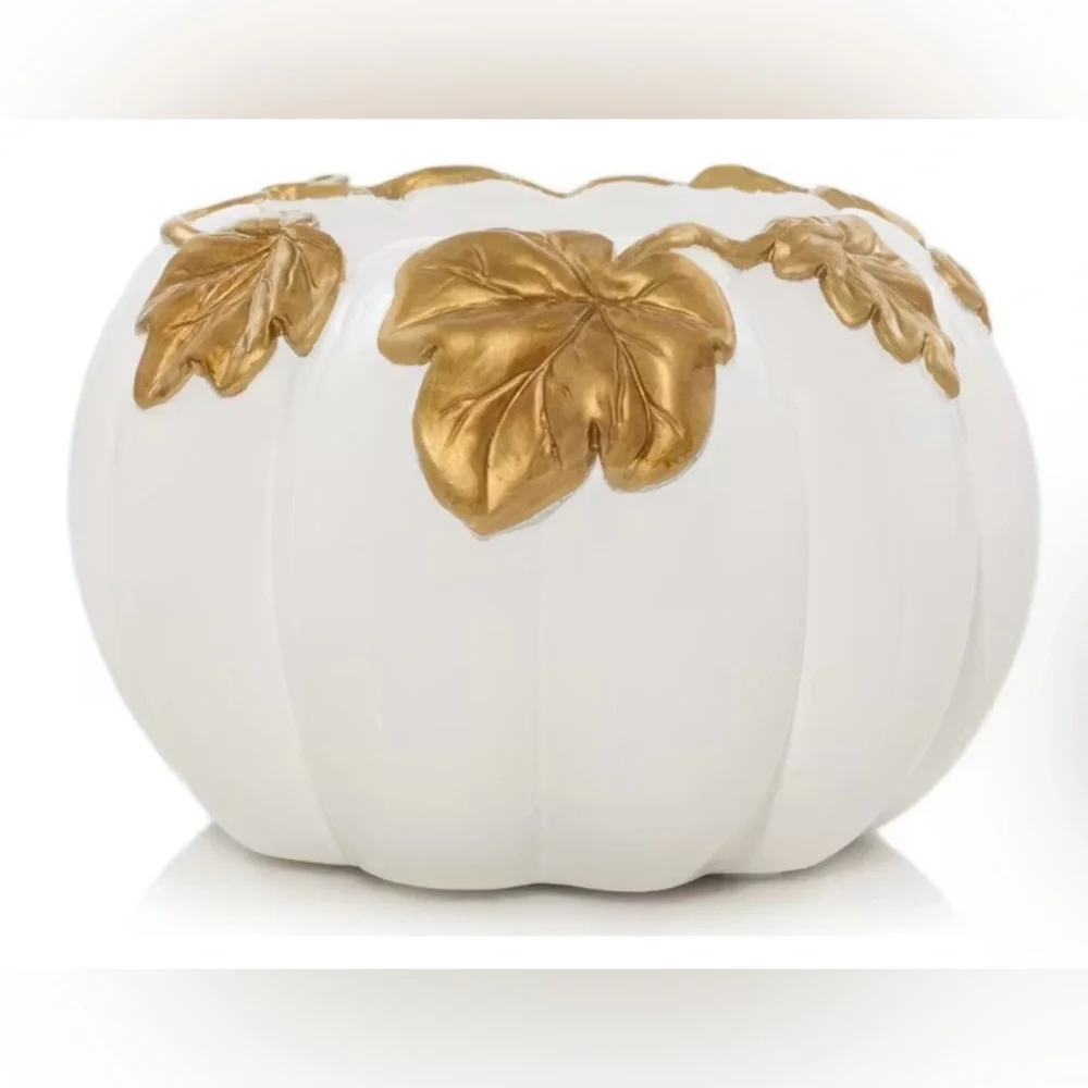 NEW Yankee Candle White Pumpkin Resin Candle Holder Gold Leaves Fall Decor